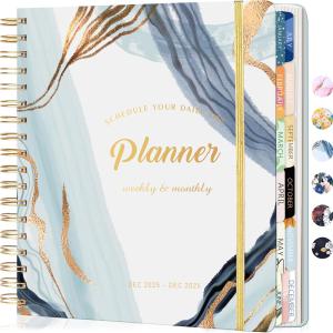 CAGIE 2026 Planner Weekly and Monthly Dec 2025–Dec 2026 Hardcover Planner with Pockets, 13 Month Large Blue Marble Calendar Planner with Stickers Tabs, Spiral Bound Yearly Calendar Planner for Women