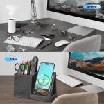 TopMe Wireless Charger with Pen Pencil Holder, Leather Mltifunctional Desk Nightstand Organizer, Fast Charging Station Remote Control Holder, Office Supplies Desk Accessories, Gifts for Men(Black)
