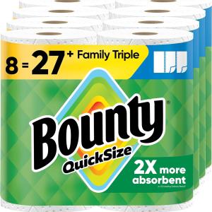 Bounty Quick-Size Paper Towels, White, 8 Family Triple Rolls = 27 Regular Rolls