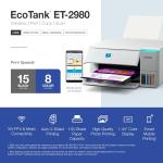 Epson EcoTank ET-2980 Wireless All-in-One Color Supertank Printer with up to 3 Years of Ink, Refillable Tanks, Perfect for Home, 15 PPM, 1.44" Color Screen, Auto 2-Sided Printing - White