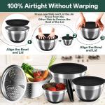 Mixing Bowls with Airtight Lids, Stainless Steel Mixing Bowl Set with 3 Metal Nesting Bowls, Colander & Grater, Non-Slip Bottoms, Size 1.5, 2.5, 5 QT, Great for Mixing & Serving, Black
