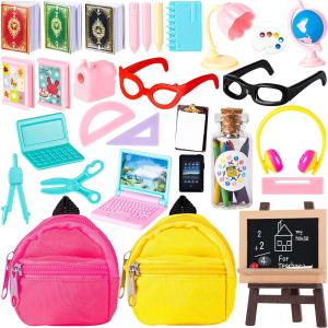 30Pcs Mini School Supplies, Doll School Supplies Includes Mini Doll Backpack Laptops Glasses Blackboard Book Palette Paper Ruler Scissors Calculator for Dolls Accessories Set