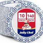 JOLLY CHEF 10 inch Disposable Paper Plates 140 Count, Soak Proof, Cut Proof, Heavy Duty Paper Plates for Everyday Use