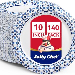 JOLLY CHEF 10 inch Disposable Paper Plates 140 Count, Soak Proof, Cut Proof, Heavy Duty Paper Plates for Everyday Use