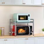 PUSDON Extendable Microwave Oven Rack, justable Microwave/Toaster Shelf Heavy Duty Stand Kitchen Counter Top Organizer, 2 Tier with 3 Hooks, 160lbs Weight Capacity, Silver Grey