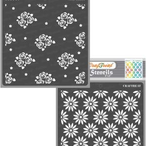 CrafTreat Reusable Flower Stencils for Painting on Wood, Canvas, Paper, Fabric, Floor, Wall and Tile - Mini Rose Background and Daisy Background - 2 Pcs - 6x6 Inch Each - DIY Art and Craft Stencils