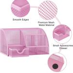 EasyPAG Mesh Desk Organizer with Drawer Multi-functional Pen Holder Stationery Organizer for Office School Supplies 6 Compartments Dorm Organizers and Storage for Desk, Light Pink