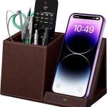Desk Supplies Organizer, Multi-Functional Pencil Pen Holder with Wireless Charger, Desktop Stationery Organizer, Home Office Supply Storage Box Cdy (Brown)
