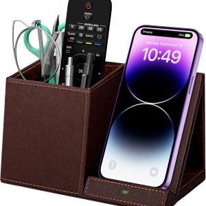 Desk Supplies Organizer, Multi-Functional Pencil Pen Holder with Wireless Charger, Desktop Stationery Organizer, Home Office Supply Storage Box Cdy (Brown)