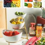 YHOSSEUN 3 Tier Serving Stand Oval Serving Bowl with Metal Rack, Tied Serving Bowls Food Display Dessert Appetizer, Chip and Dip Serving Bowl Set for Parties, Gold-45oz / 17.5oz / 7oz