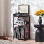 LELELINKY 3 Tier End Table,Record Player Stand with Storage Up to 100 Albums, Turntable Stand for Vinyl, Walnut Couch Nightstand Side Tables for Living Room Bedroom