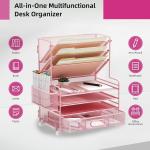 4-Tier Paper Organizer + 3-Pocket File Holder + Drawer + Pen Holders, Desktop File Organizers Paper Tray for Office Supplies School Classroom Organization (Pink, with Drawer & Pen Holder)