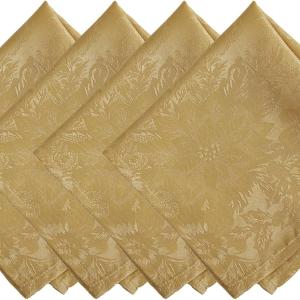Elrene Home Fashions Poinsettia Elegance Jacquard Christmas/Holiday Cloth Dinner Napkins, Set of 4, 17"x17", Gold