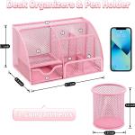 SYMDROMIA 13-in-1 Office Desk Organizer Set with Stapler and Tape Dispenser, Pen Holder, Scissors, Ruler, Hole Punch, 2 Pens & More Desktop Accessories for Back to School Supplies (Pink)