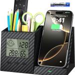 Multifunctional Pen Holder and Organizer for Desk with Wireless Charger, Digital Indoor Thermometer and Humidity Gauge, Home Office Organizers and Storage (Battery Included)