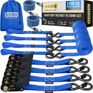AUGO Ratchet Straps Heavy Duty 4 Pack -15 FT - 2200 LB Break Strength – with Safety Lock S Hooks - Cargo Straps for Moving, Appliances, Motorcycle – Soft Loop Tie Down Straps