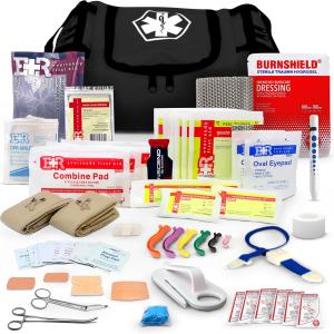 Fully Stocked Trauma First Aid Kit – First Responder II Bag with Tools, Gauze, Bandages, Scissors & Gloves – Compact & Portable – OSHA and ANSI Compliant – Black