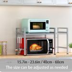 PUSDON Extendable Microwave Oven Rack, justable Microwave/Toaster Shelf Heavy Duty Stand Kitchen Counter Top Organizer, 2 Tier with 3 Hooks, 160lbs Weight Capacity, Silver Grey