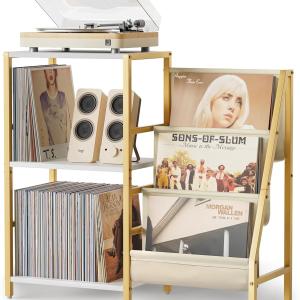 Record Player Stand, Turntable Stand with 3-Tier Vinyl Record Storage, Record Player Table 200 Albums, End Table with Vinyl Display Holder Shelf, Record Player Cabinet Media Console for Stereo,Gold