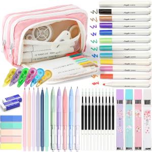 42 PCS Aesthetic School Supplies with Large Pencil Case, 12 Marker Pens with box, 5 Black Ink Gel Pens, 6 Mechanical Pencils Set, Sticky Notes, Complete Essentials Stationery Kit for Students