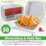 Concession Essentials Pack of 30CT Choice Large 9 x 9 x 3.5 Inch Foam 1-Compartment Containers, White, Hinged, with Optional Venting, Polystyrene, 9"L x 9"W x 3.5"H