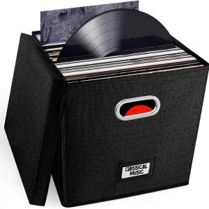 yesogreat Vinyl Record Storage Box with Lid - Holds 100+ LPs, 12.99 Inch Stackable & Collapsible Fabric Organizer Crate Cube for Album Collection, Decorative Storage Bin for Living Shelf, Black