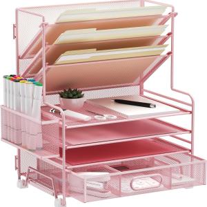 4-Tier Paper Organizer + 3-Pocket File Holder + Drawer + Pen Holders, Desktop File Organizers Paper Tray for Office Supplies School Classroom Organization (Pink, with Drawer & Pen Holder)