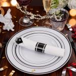 WELLIFE 210Pcs Black Plastic Dinnerware with Pre Rolled Napkins, Include:30 Dinner Plates, 30 Dessert Plates, 30 Paper Napkins, 30 Cups, 90 Plastic Cutlery