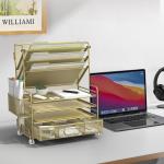 4-Tier Paper Organizer + 3-Pocket File Holder + Drawer + Pen Holders, Desktop File Organizers Paper Tray for Office Supplies School Classroom Organization (Gold, with Drawer & Pen Holder)