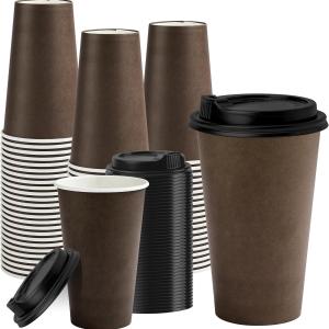RACETOP 16 oz Disposable Coffee Cups with Lids 100 Pack, Coffee Colored Paper Coffee Cups with Lids, To Go Cup with Lid