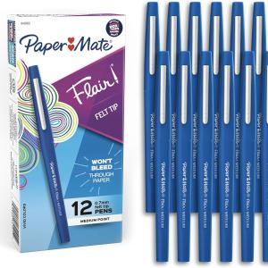 Paper Mate Flair Felt Tip Pens, Medium Point (0.7mm), Blue, 12 Count