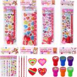 Valentines Day Gifts for Kids，28 Pack Valentines Day Stationery Kids Includes Pencil, Erasers, Cards, Stickers, Stamper for Kids Valentine's Day Party Favor Supplies School Classroom Exchange