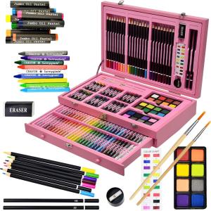 Sunnygle 145 Piece Deluxe Art Set, Wooden Art Box & Drawing Kit with Crayons, Oil Pastels, Colored Pencils, Watercolor Cakes, Sketch Pencils, Paint Brush, Sharpener, Eraser, Color Chart (Pink)