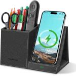 TopMe Wireless Charger with Pen Pencil Holder, Leather Mltifunctional Desk Nightstand Organizer, Fast Charging Station Remote Control Holder, Office Supplies Desk Accessories, Gifts for Men(Black)