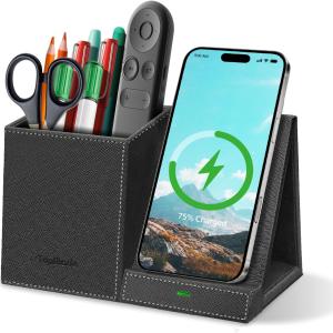 TopMe Wireless Charger with Pen Pencil Holder, Leather Mltifunctional Desk Nightstand Organizer, Fast Charging Station Remote Control Holder, Office Supplies Desk Accessories, Gifts for Men(Black)