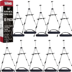 U.S. Art Supply 66" Silver Metal Tripod Easel Display (10 Pack) - justable 18"- 5.5', Holds 36" Canvas - Floor/Tabletop Easel Stand, for Sign Display, Painting, Poster Board, Canvas - Portable Bag