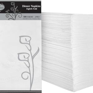 Premium White Napkins, 1/8 Fold Dinner Napkin, Disposable 2-Ply White Party Napkins, Value Pack 100 Count