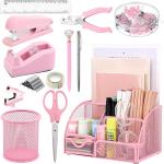 SYMDROMIA 13-in-1 Office Desk Organizer Set with Stapler and Tape Dispenser, Pen Holder, Scissors, Ruler, Hole Punch, 2 Pens & More Desktop Accessories for Back to School Supplies (Pink)