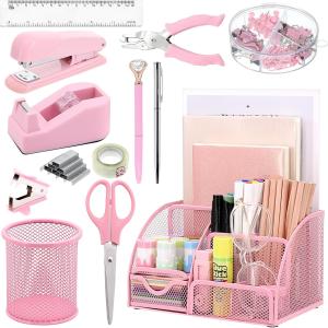SYMDROMIA 13-in-1 Office Desk Organizer Set with Stapler and Tape Dispenser, Pen Holder, Scissors, Ruler, Hole Punch, 2 Pens & More Desktop Accessories for Back to School Supplies (Pink)