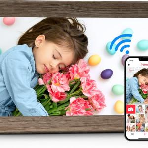 Frameo 10.1" Digital Picture Frame with 32GB Memory Wood WiFi Electronic Photo Frame 1280 x 800 IPS Touch Screen Auto-Rotate Slideshow Wall Mountable Share Photos/Video Remotely Anywhere