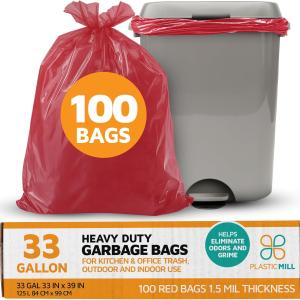 PlasticMill Heavy Duty Trash Bags - Red Garbage Bags - Plastic Waste Bags - Tall Trash Sacs, Trash Can Liners - 33-Gallon Large Kitchen Trash Bags, 1.5 Mil, 33"x39" (100-Count)