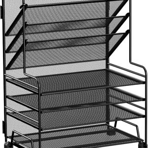 4-Tier Paper Organizer + 3-Pocket File Holder + Drawer + Pen Holders, Desktop File Organizers Paper Tray for Office Supplies School Classroom Organization (Black, No Drawer & Pen Holder)