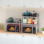 PUSDON Extendable Microwave Oven Rack, justable Microwave/Toaster Shelf Heavy Duty Stand Kitchen Counter Top Organizer, 2 Tier with 3 Hooks, 160lbs Weight Capacity, Silver Grey