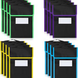 Large Book Pouches Nylon Fabric Book Bag with Stitched on Handle and Clear Name Tag Pocket Neon Color Trims Black Reing Bags for Classroom Student Homework Reing Supplies, 15 x 12 Inch (16 Pcs)