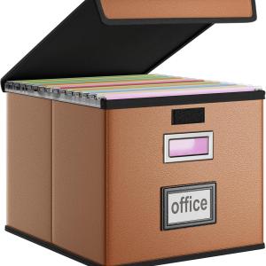 Huolewa Faux Leather File Organizer Box with Lid, Collapsible Hanging File Folder Box Organizer with Plastic Slides, Decorative Home/Office Filing System Boxes for File and Folder Storage