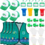 26 Pcs Kids Waste Management Costume Set Recycle Trash Vest Management Garbage Truck Toy Hat Gloves ID Card for Career Day Cosplay