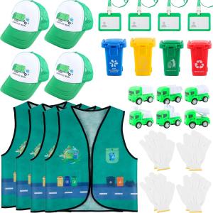 26 Pcs Kids Waste Management Costume Set Recycle Trash Vest Management Garbage Truck Toy Hat Gloves ID Card for Career Day Cosplay