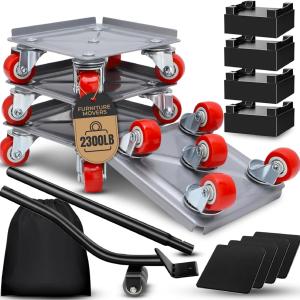 Furniture Moving Dolly Set – Heavy Duty 2300 lb Capacity, 5-Wheel System with Lifter Tool, 360° Swivel Casters, Floor-Safe Design, Includes Gloves & Bag – Move Heavy Items Easily