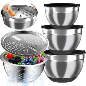Mixing Bowls with Airtight Lids, Stainless Steel Mixing Bowl Set with 3 Metal Nesting Bowls, Colander & Grater, Non-Slip Bottoms, Size 1.5, 2.5, 5 QT, Great for Mixing & Serving, Black