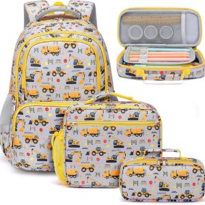 Fimibuke Kids Backpack for School Boys, 3PCS Waterproof Toddler School Bag Cute Bookbag Set with Lunch Box & Pencil Case for Preschool Kindergarten Elementary Back to School Student Ages 3-12, Trucks